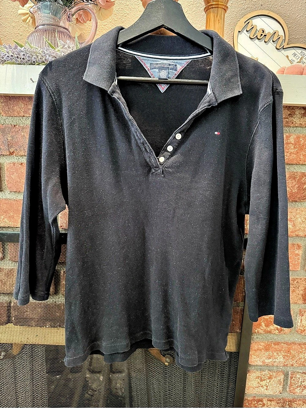 Tommy Hilfiger Black Ribbed Cotton Henley 3/4 Sleeve Shirt XL - Picture 2 of 7